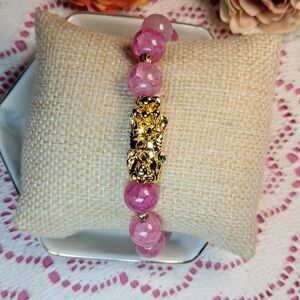 Colorful Goldtone & Pink Beaded Dragon Vein Agate Pi Xiu Bracelet
